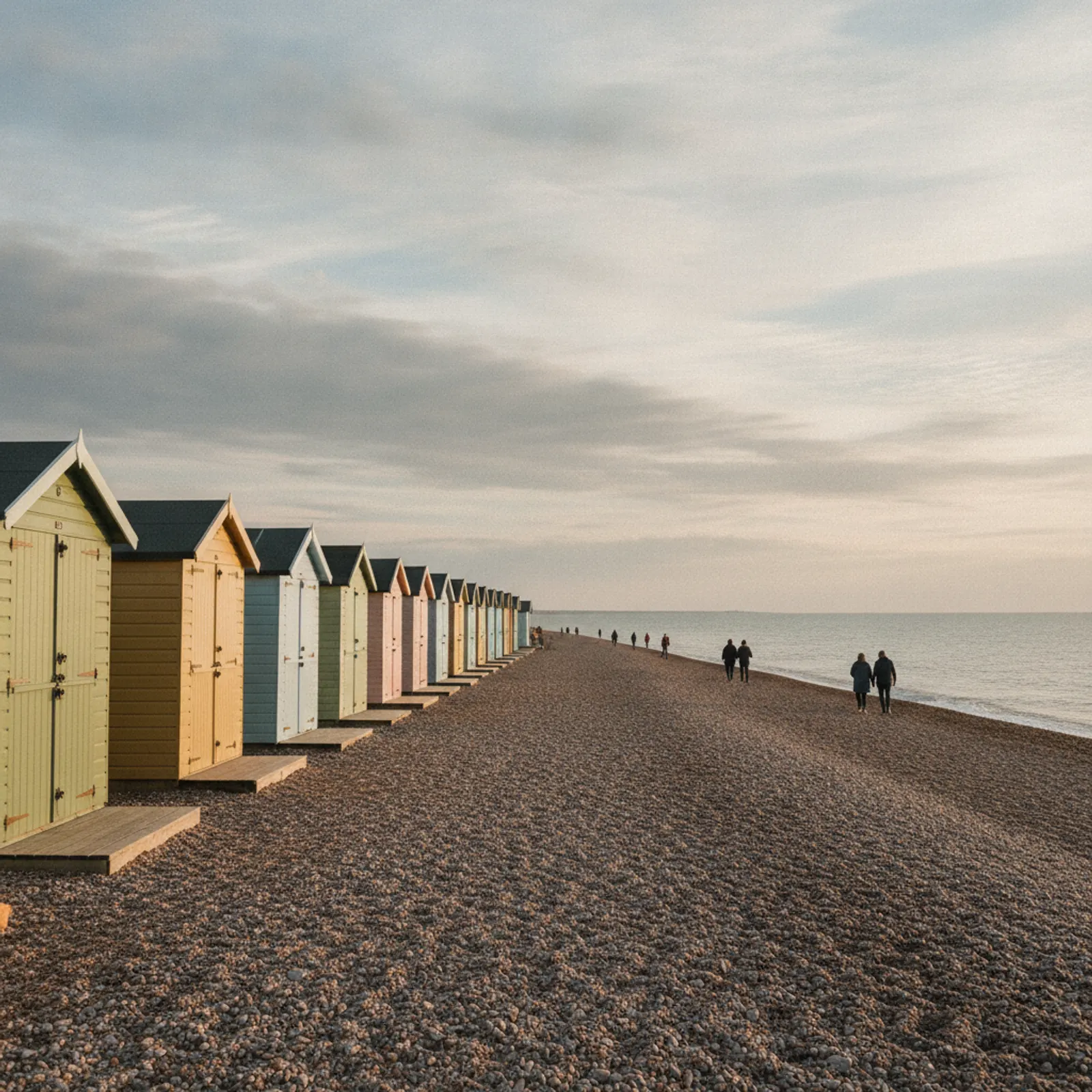 Pastel beach huts on a Suffolk shingle beach beside the North Sea