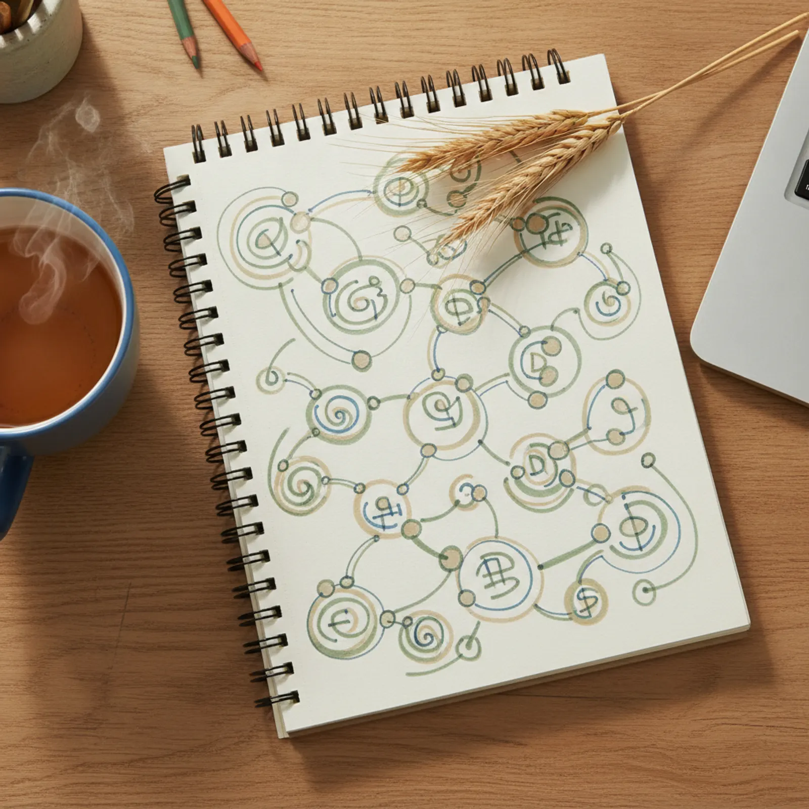 Notebook of hand-drawn plans beside a cup of tea and a sprig of wheat