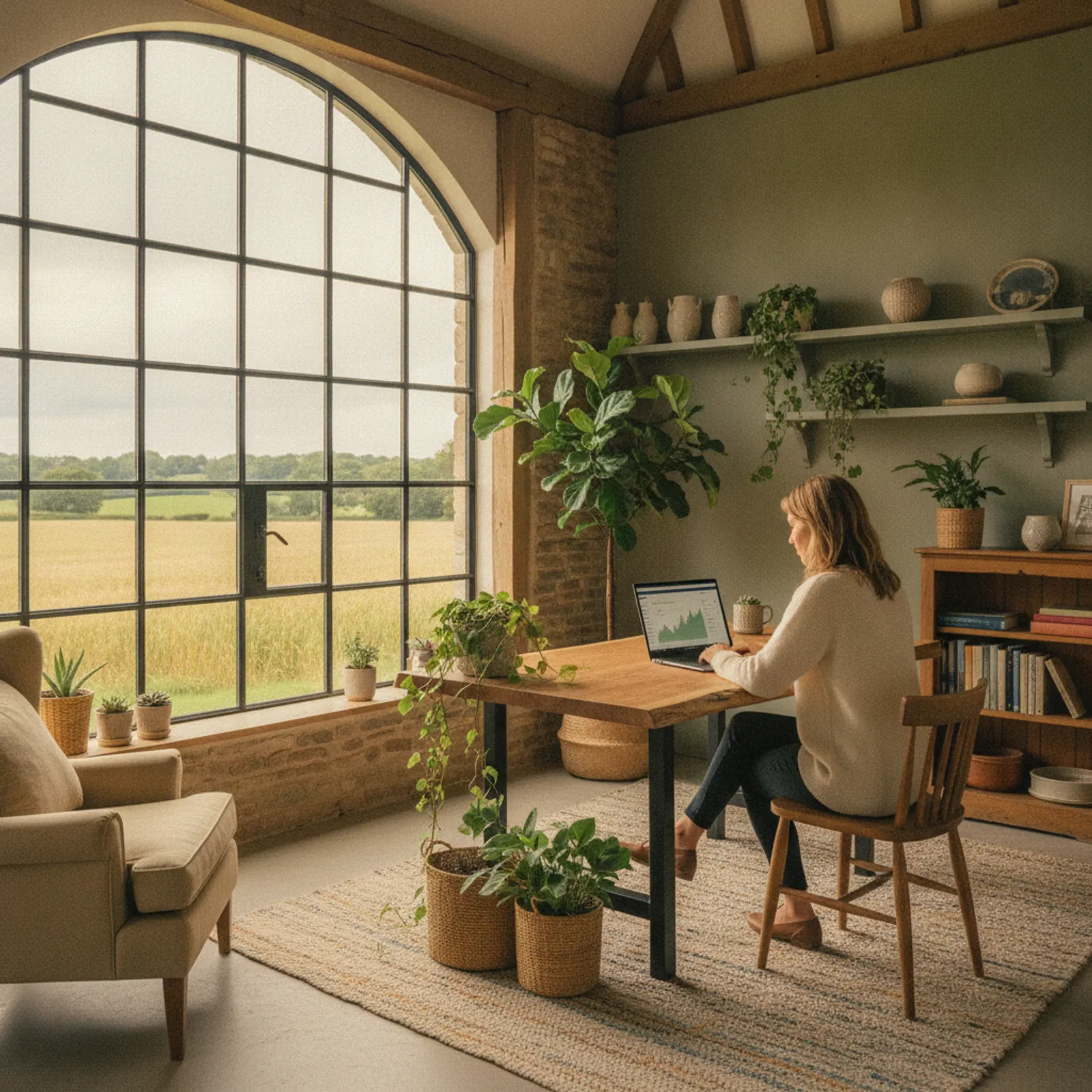 Woman reviewing website analytics on a laptop in a converted barn office